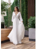 Transparent Sleeves Beaded Ivory Chiffon Classic Wedding Dress